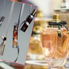 Perfumy Zara Gardenia odpowiednik. Eleganckie flakoniki z wstążkami, w tym Zara Golden Decade, i duża, ozdobna butelka perfum.