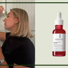 Kobieta aplikuje serum z retinolem. Retinobaza 17000 krem na co pomaga? Wygładza zmarszczki i odnawia skórę.