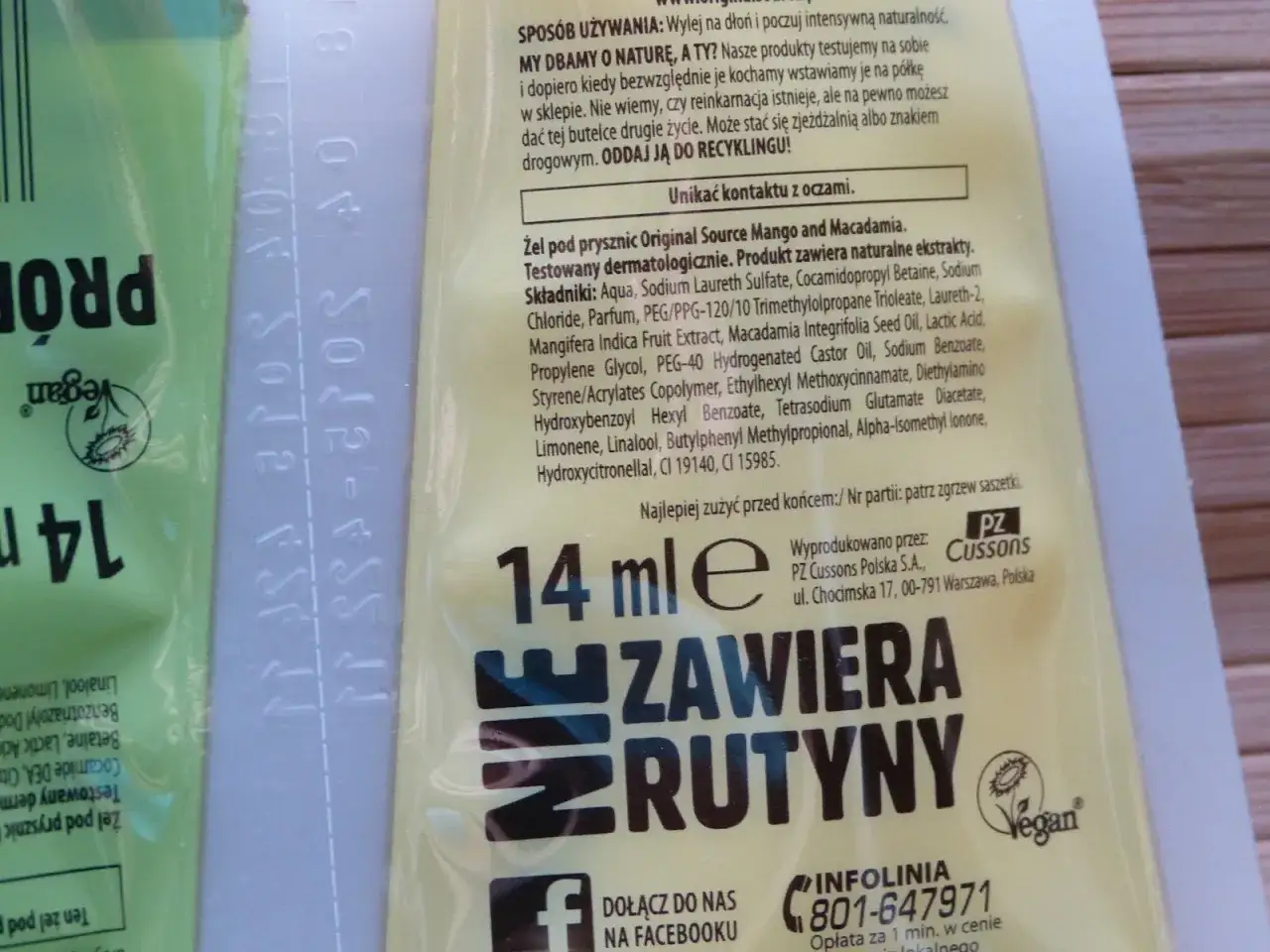 Żel pod prysznic z ekstraktami z mango i makadamii. Skład zawiera m.in. tetrasodium glutamate diacetate. Produkt wegański.