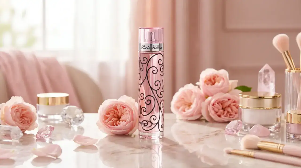 Różowy flakonik perfum Paris Hilton z czarnymi zdobieniami, otoczony pąkami róż i kryształkami. Idealny odpowiednik dla miłośniczek zapachu Zara Gardenia.