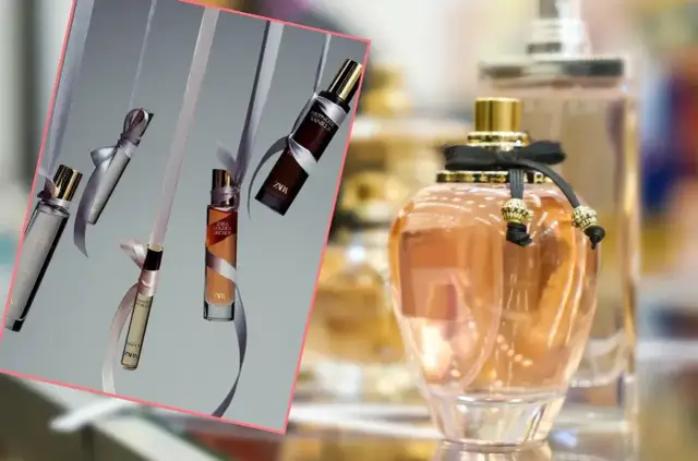 Perfumy Zara Gardenia odpowiednik. Eleganckie flakoniki z wstążkami, w tym Zara Golden Decade, i duża, ozdobna butelka perfum.