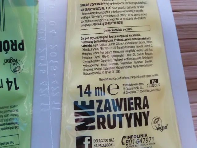 Skład żelu pod prysznic zawiera m.in. **tetrasodium glutamate diacetate**. Produkt z mango i makadamią, 14 ml.